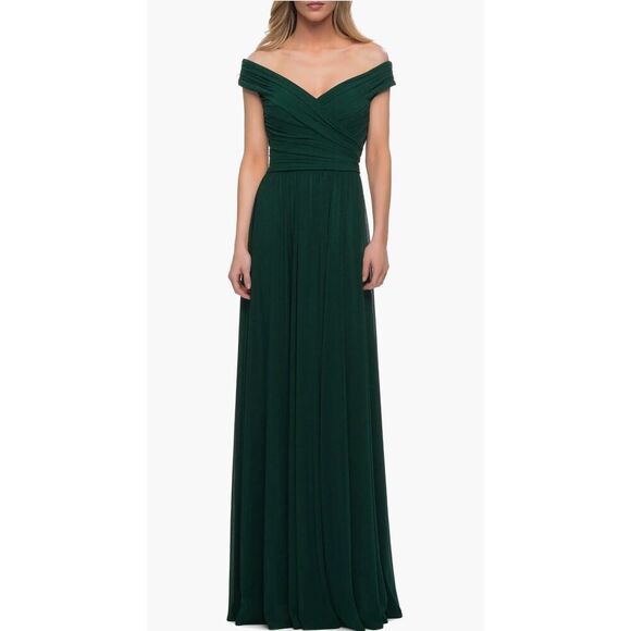 La Femme Emerald Green Off the Shoulder Net Jersey Long Dress. Size 8. NWOT. D - Picture 1 of 10